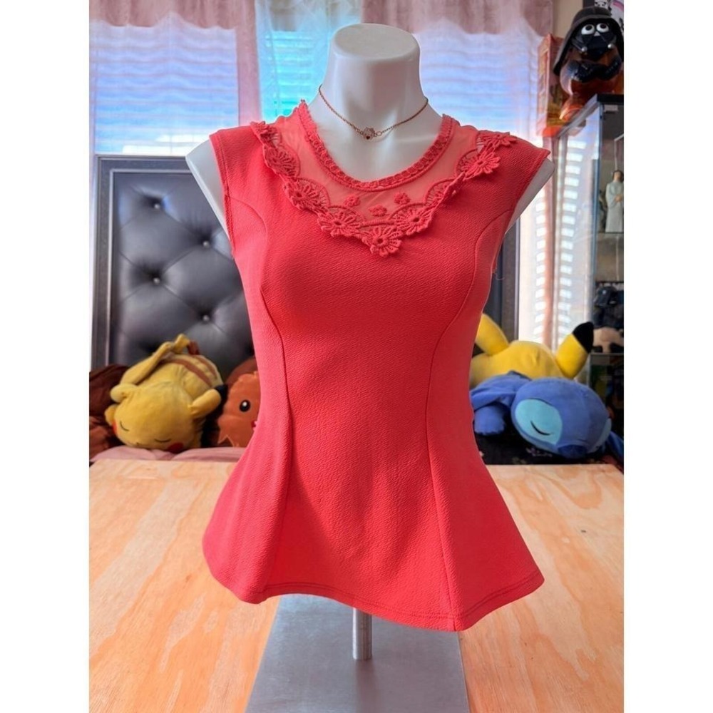 Y2K Celine by Champion Coral Peplum Top Lace Crochet Racerback Small #5